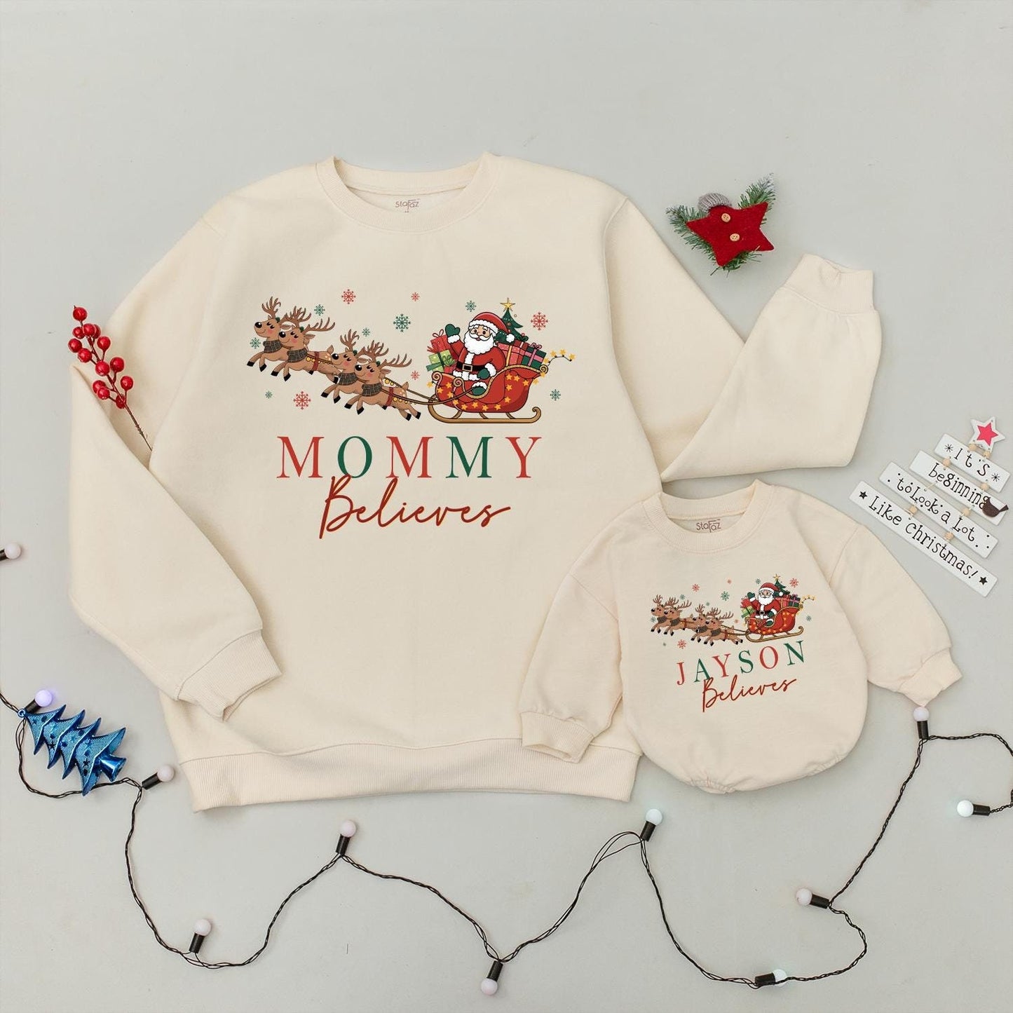 Personalized Matching Family Christmas Believes Sweatshirts Rompers Retro Santa Sleigh Design Hand-Drawn Red Green Snowflakes