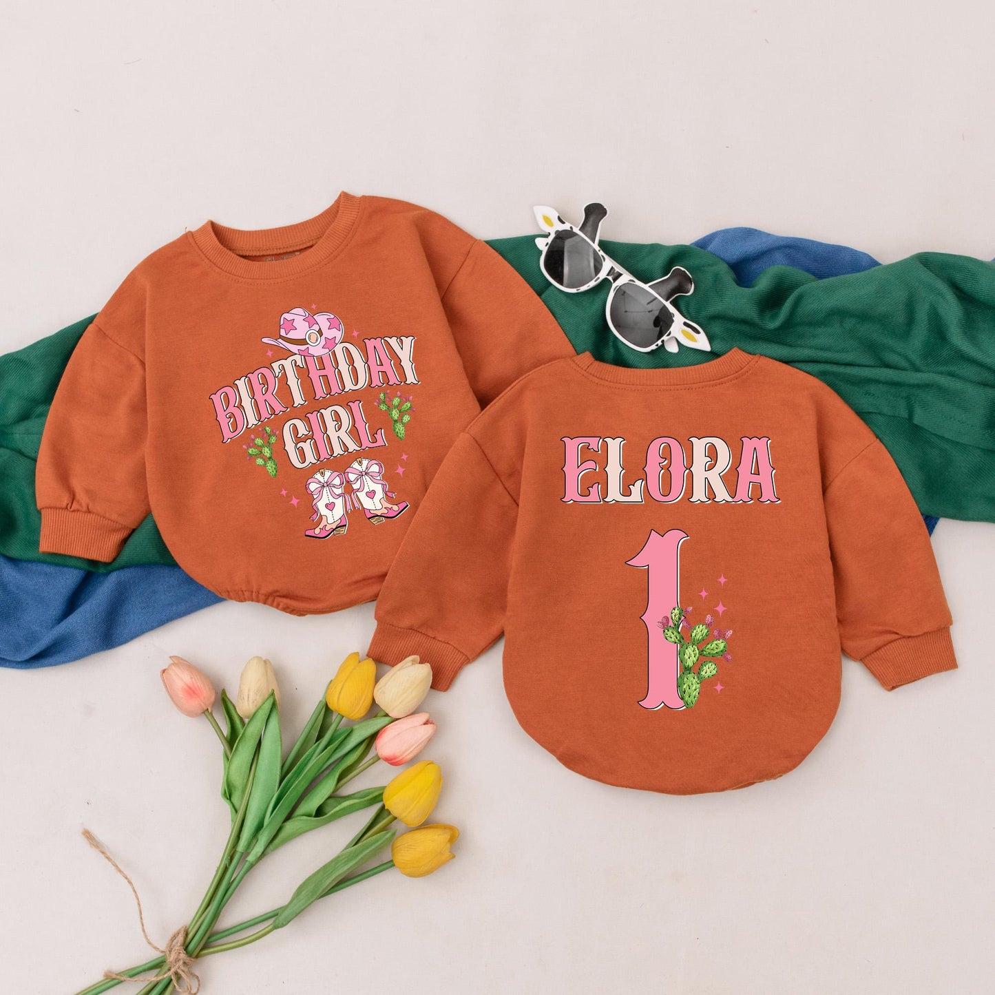 Personalized Western Birthday Romper for Girls "BIRTHDAY GIRL" Cowgirl Boots Cactus Pink Tan Vintage Flair