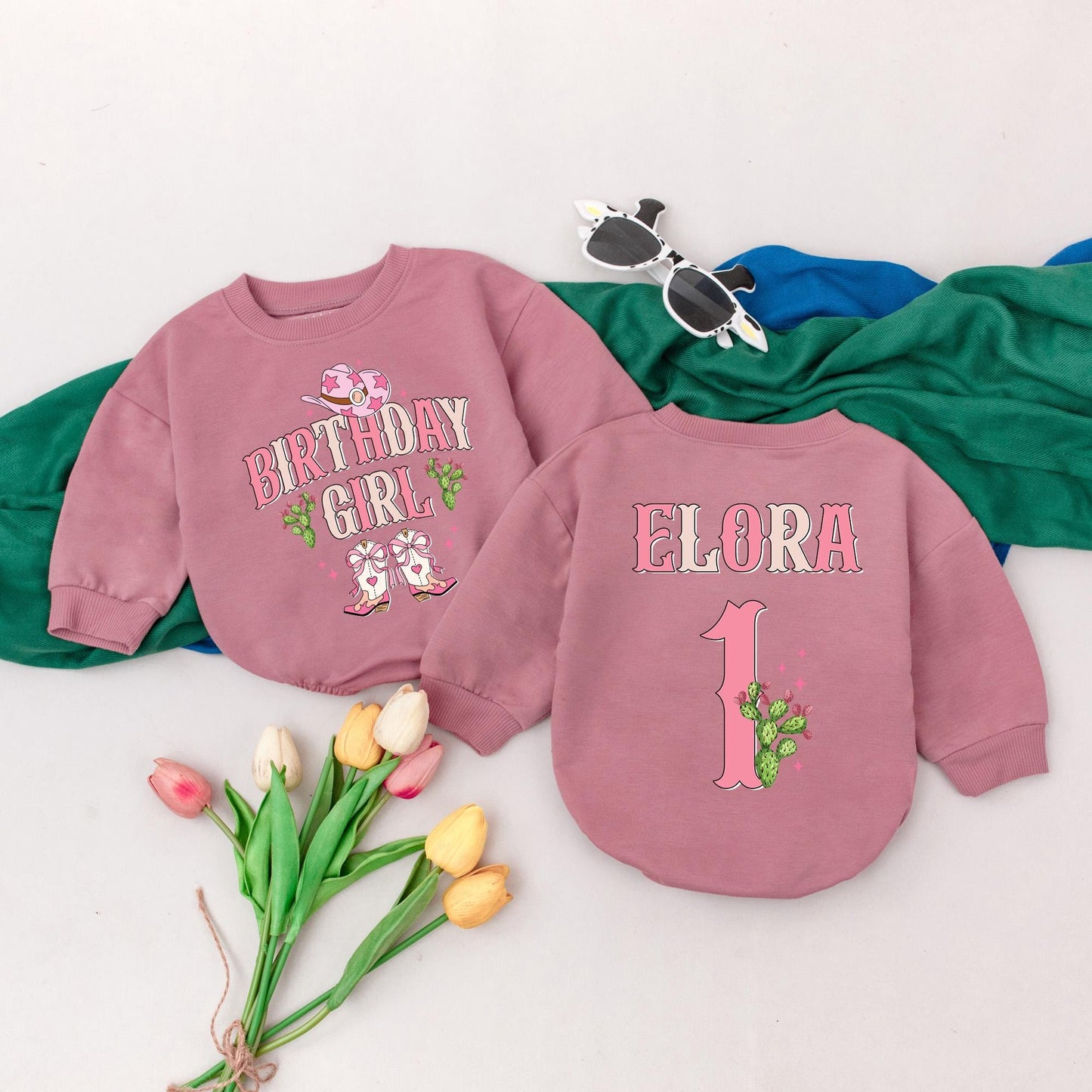 Personalized Western Birthday Romper for Girls "BIRTHDAY GIRL" Cowgirl Boots Cactus Pink Tan Vintage Flair