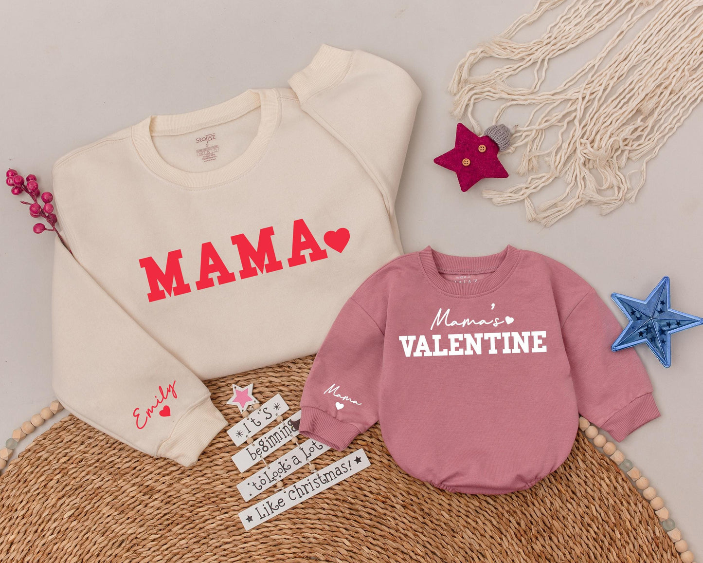 Personalized Mama & Mamas Valentine's Sweatshirt Set: Matching Mom & Baby Family Outfit, Custom Gifts for Her & Baby, Valentine's Day
