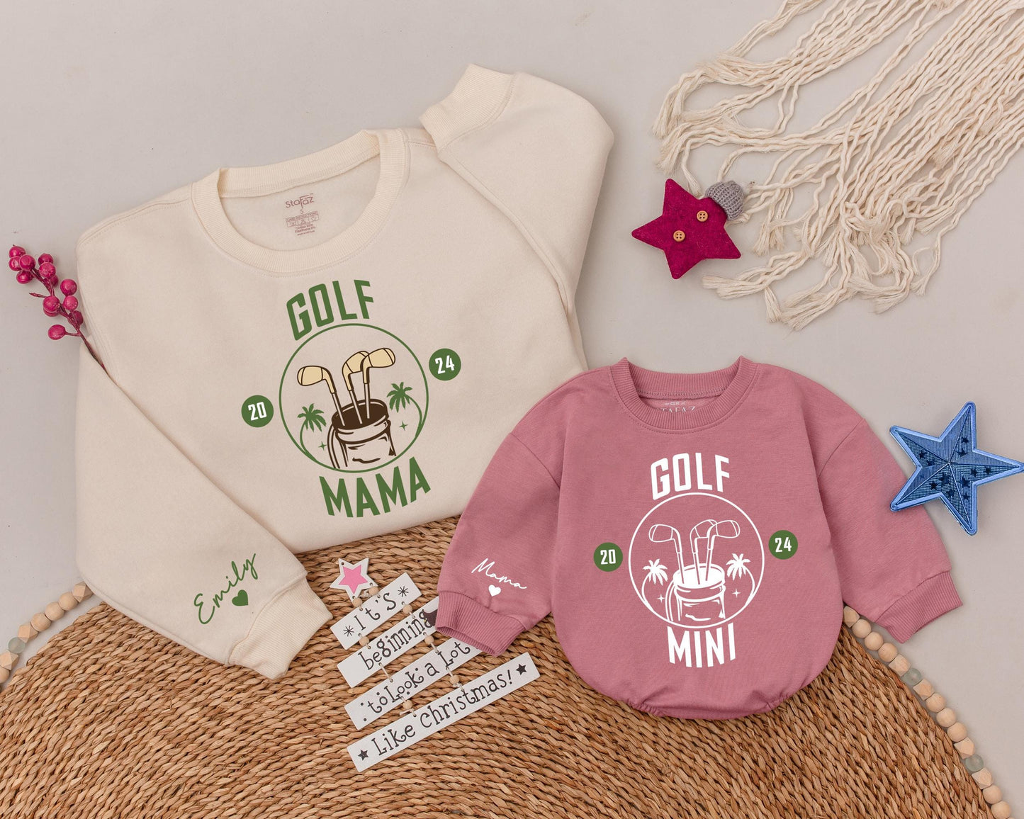 Custom Golf Mama and Mini Matching Shirts 2024 Palm Tree Golf Bag Design Muted Green Family Outfit Birthday Gift
