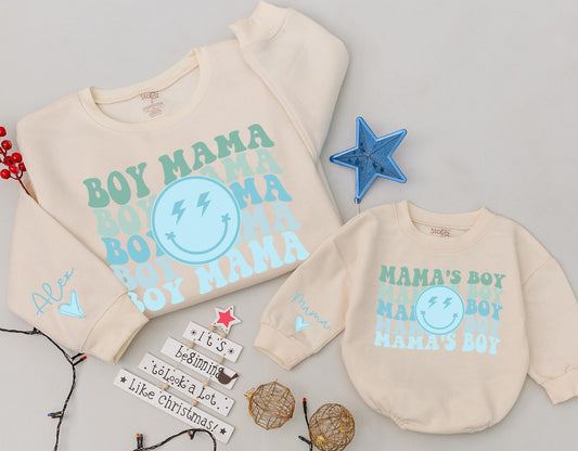 Boy Mama, Mama's Boy Matching Sweatshirts: Groovy Dad & Son Set with Smiley Face & Personalized Sleeves, Trendy Family Sweaters, New Dad Gift Idea