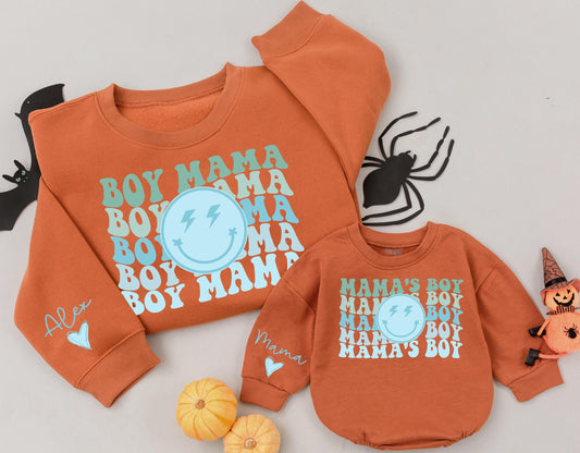 Boy Mama, Mama's Boy Matching Sweatshirts: Groovy Dad & Son Set with Smiley Face & Personalized Sleeves, Trendy Family Sweaters, New Dad Gift Idea