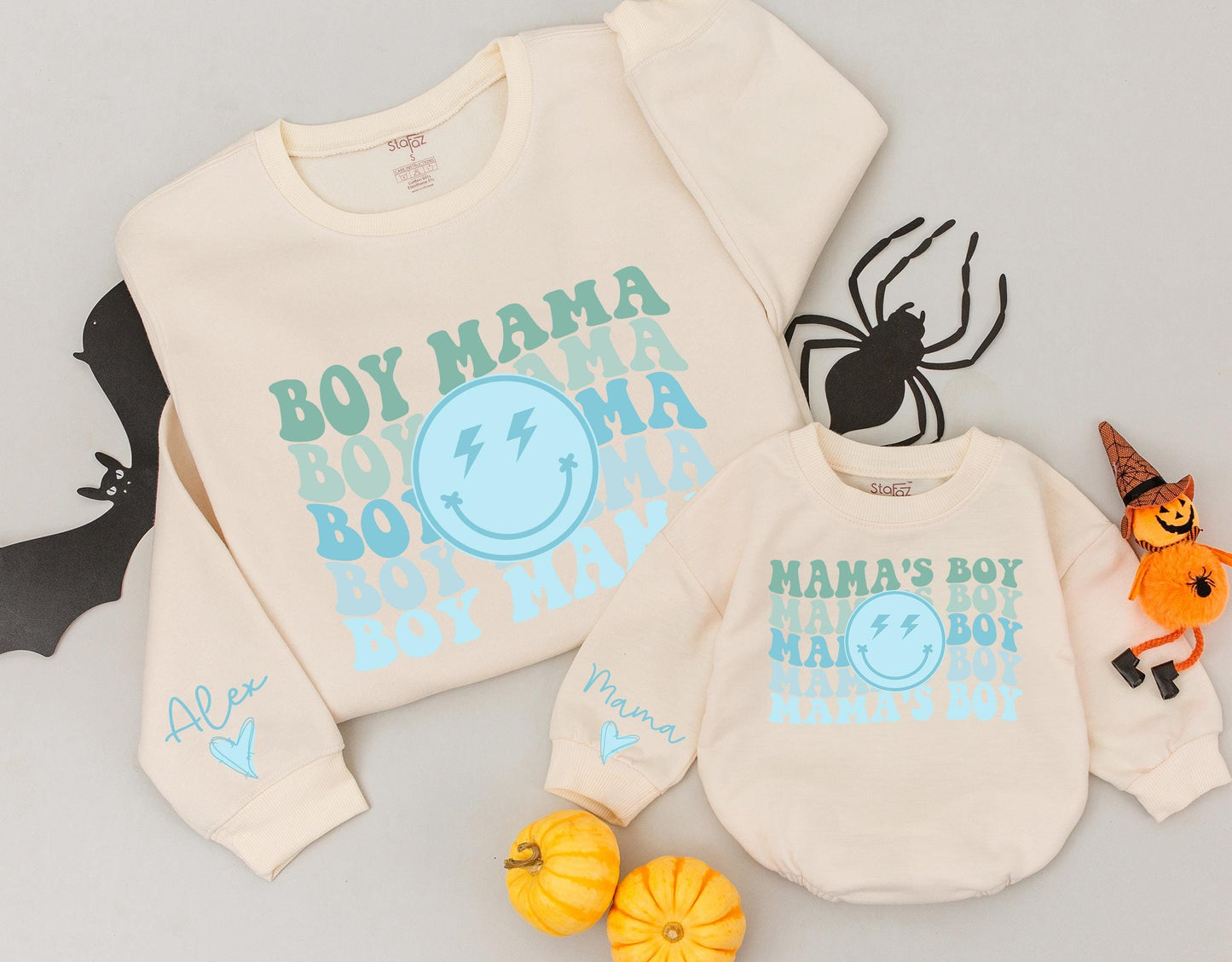 Boy Mama, Mama's Boy Matching Sweatshirts: Groovy Dad & Son Set with Smiley Face & Personalized Sleeves, Trendy Family Sweaters, New Dad Gift Idea