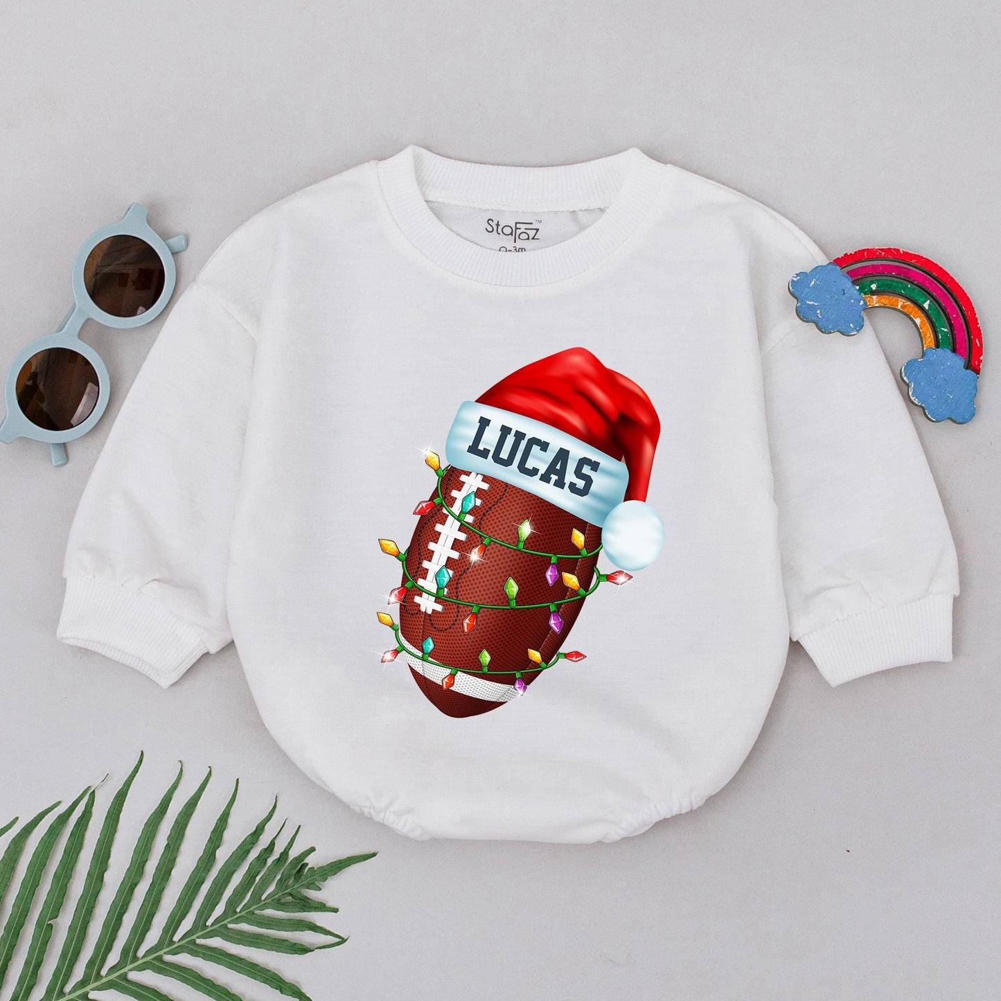 Personalized Baby Boy Football Christmas Romper, First Birthday Outfit with Festive Santa Hat and String Lights Design