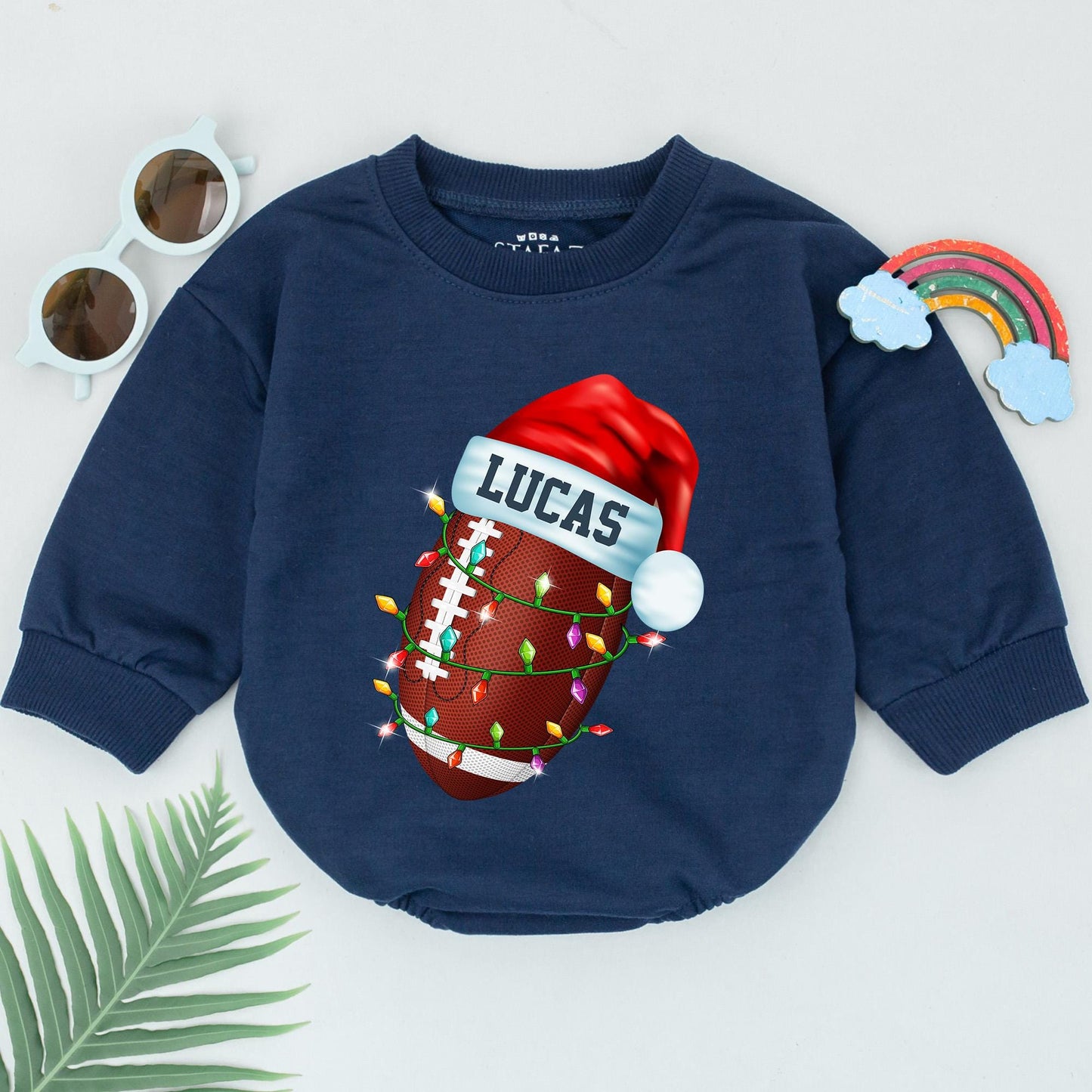 Personalized Baby Boy Football Christmas Romper, First Birthday Outfit with Festive Santa Hat and String Lights Design
