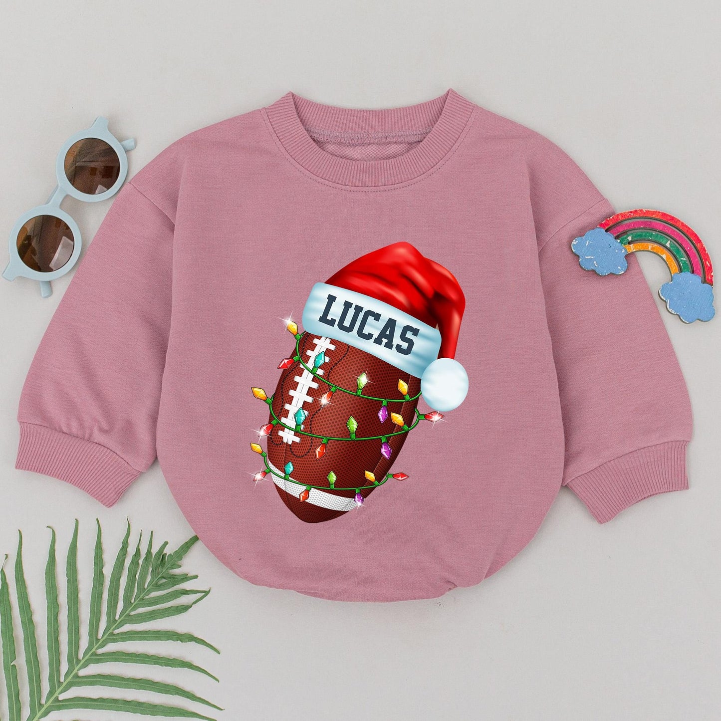 Personalized Baby Boy Football Christmas Romper, First Birthday Outfit with Festive Santa Hat and String Lights Design