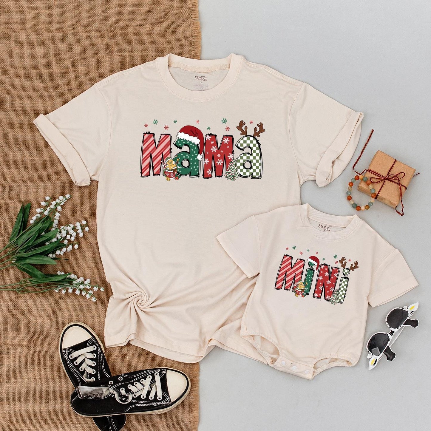 Festive Mama and Mini Christmas Matching Shirts, Playful Holiday Outfits for Mom and Son, Baby's First Christmas, Retro Style, Very Merry, Gift for Her (136 chars)