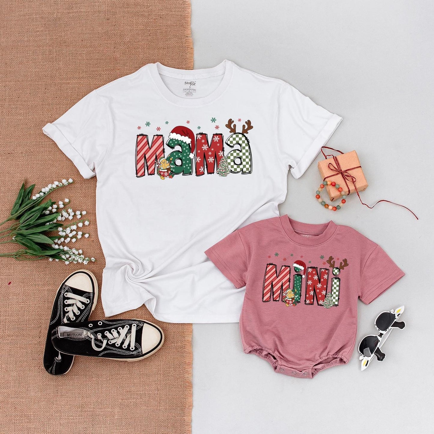 Festive Mama and Mini Christmas Matching Shirts, Playful Holiday Outfits for Mom and Son, Baby's First Christmas, Retro Style, Very Merry, Gift for Her (136 chars)