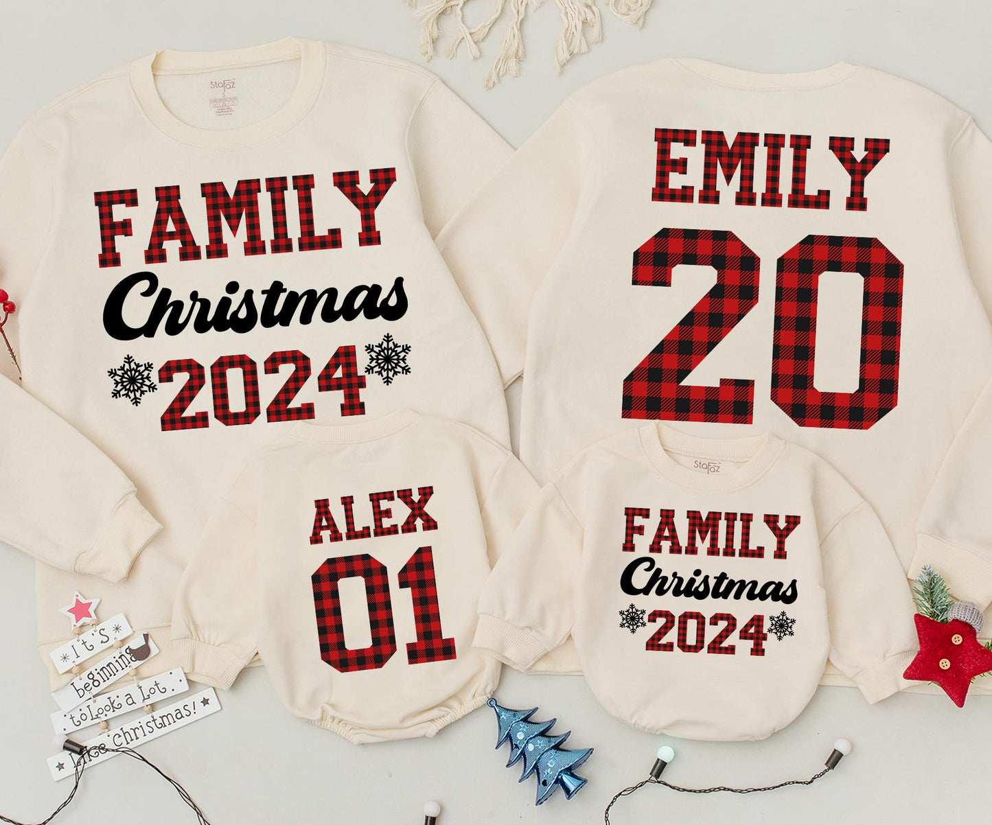 Personalized Family Christmas Sweatshirts 2024, Matching Buffalo Plaid Sweaters for Family, Custom Name Christmas Crew Baby Romper, Festive Holiday