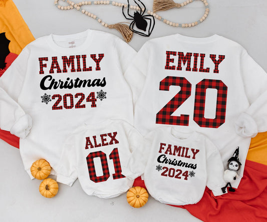Personalized Family Christmas Sweatshirts 2024, Matching Buffalo Plaid Sweaters for Family, Custom Name Christmas Crew Baby Romper, Festive Holiday