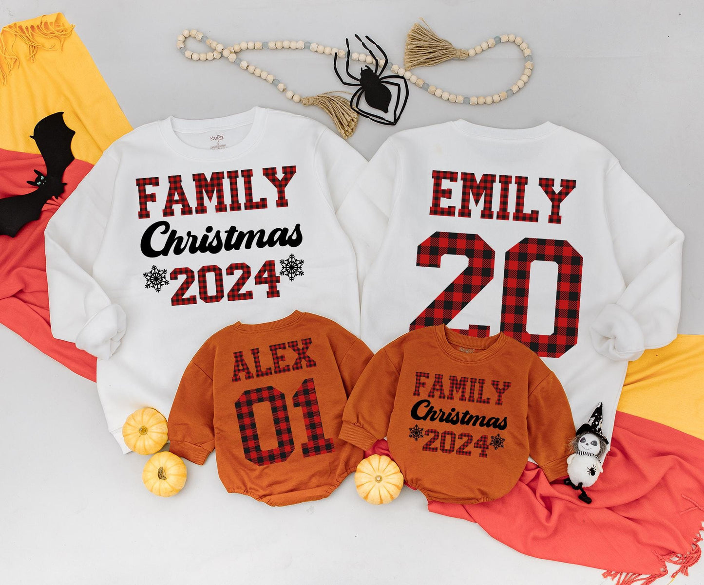 Personalized Family Christmas Sweatshirts 2024, Matching Buffalo Plaid Sweaters for Family, Custom Name Christmas Crew Baby Romper, Festive Holiday