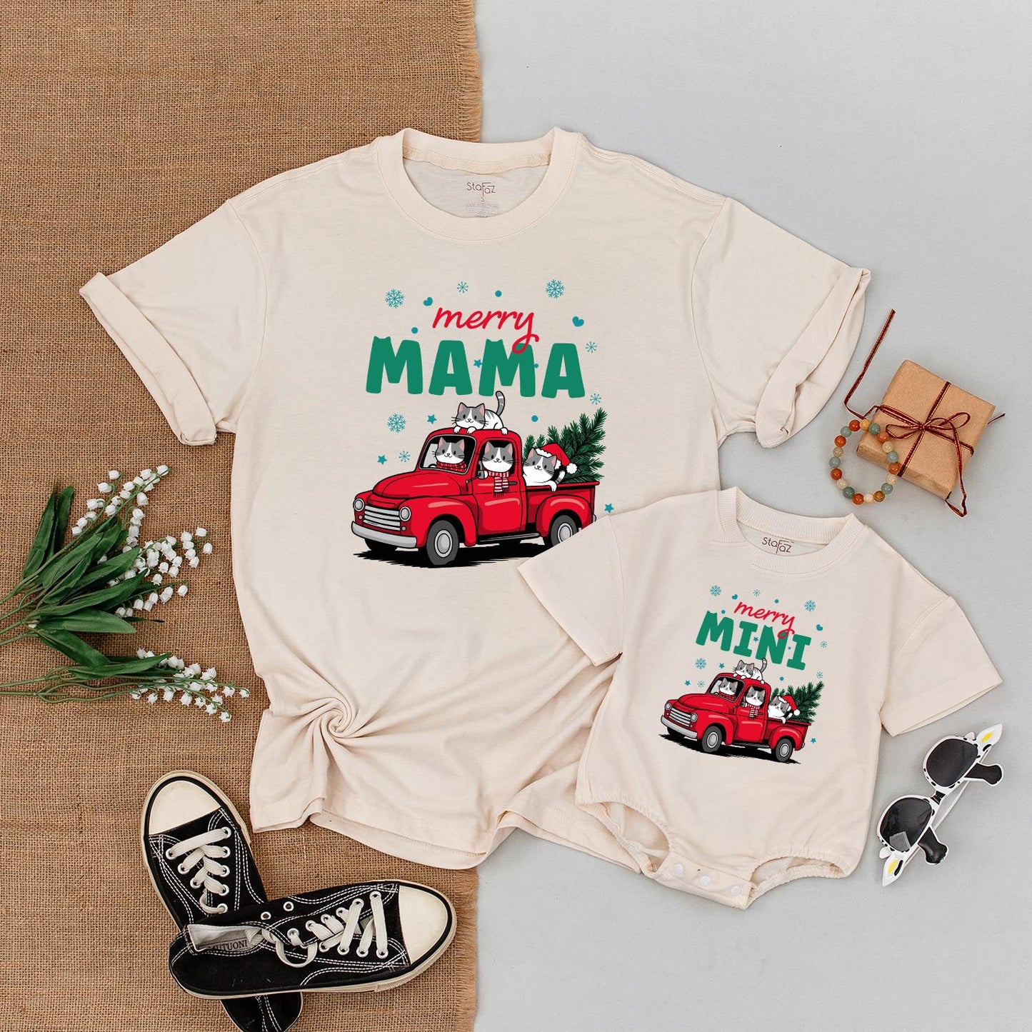 Merry Mama & Mini Christmas Truck Matching Shirts, Cute Cat Family Holiday Outfit, Baby's First Christmas Gift, Festive Mom and Son Tee, Soft Cotton 139