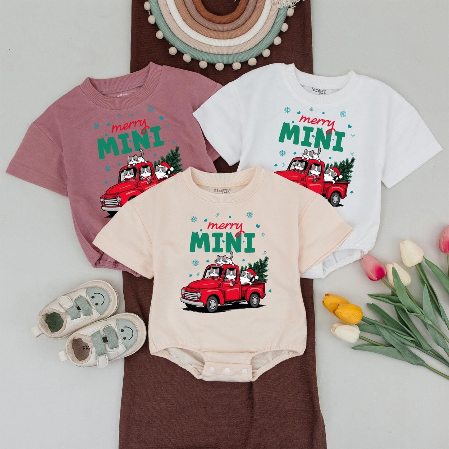 Merry Mama & Mini Christmas Truck Matching Shirts, Cute Cat Family Holiday Outfit, Baby's First Christmas Gift, Festive Mom and Son Tee, Soft Cotton 139