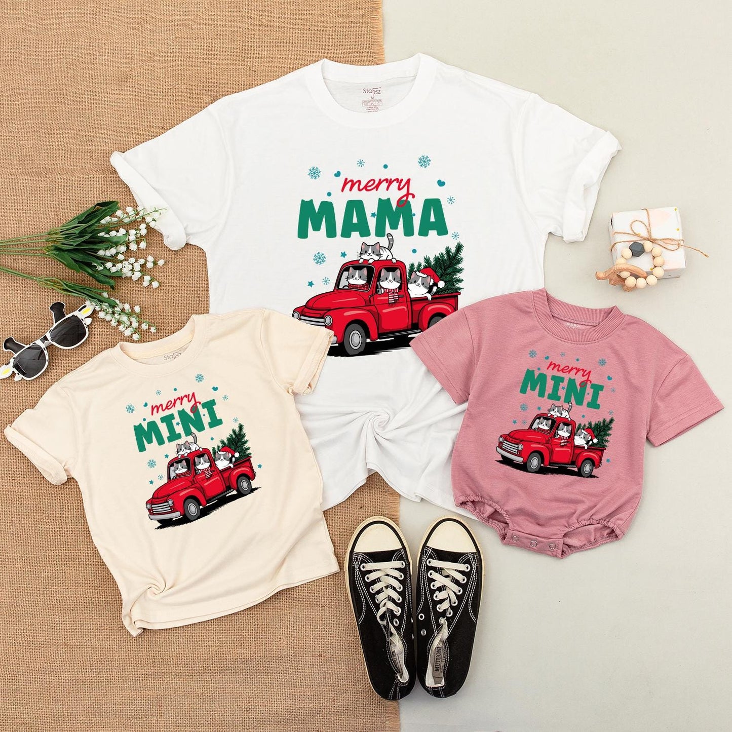 Merry Mama & Mini Christmas Truck Matching Shirts, Cute Cat Family Holiday Outfit, Baby's First Christmas Gift, Festive Mom and Son Tee, Soft Cotton 139