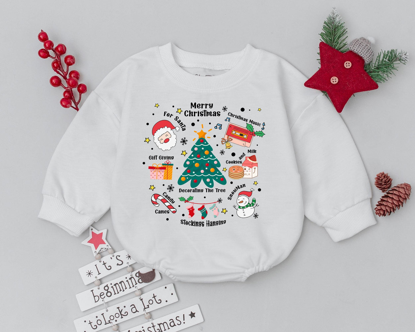Cute Christmas Doodle Bubble Romper Festive Baby Outfit with Santa Snowman Tree Gifts & Cassette Whimsical Infant Bodysuit Holiday Gift