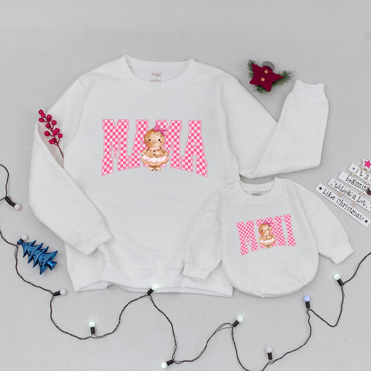 Mama Mini Matching Christmas Sweatshirts Pink Checkerboard Gingerbread Cookie Family Holiday Outfit Cute Baby Girl Trendy Kids Style