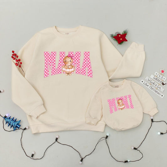 Mama Mini Matching Christmas Sweatshirts Pink Checkerboard Gingerbread Cookie Family Holiday Outfit Cute Baby Girl Trendy Kids Style