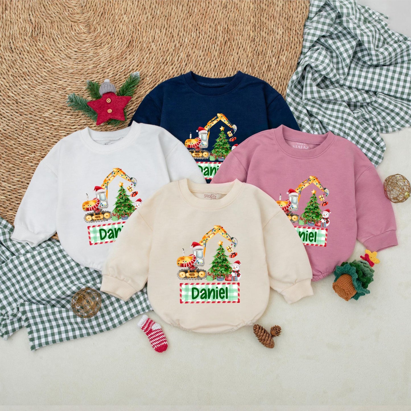 Personalized Boy's Christmas Excavator Romper, Custom Name Holiday Outfit, Watercolor Truck Baby Bodysuit, Winter Clothes, Christmas Baby Shower Gift 139