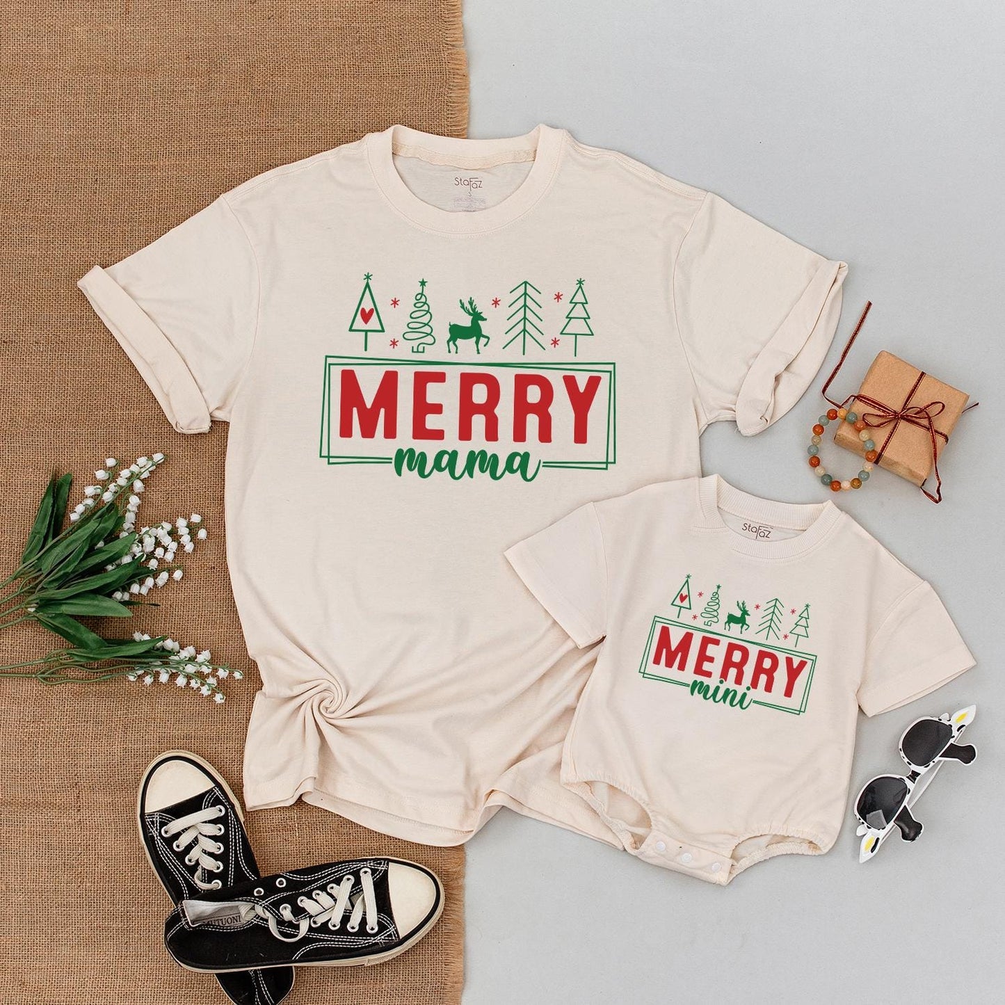 Merry Mama and Mini Christmas T-Shirts, Red and Green Matching Family Outfits for Mom and Boy, Festive Holiday Gift, First Christmas Tee 139 chr