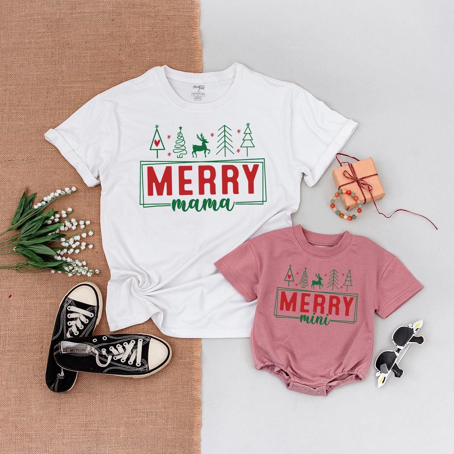 Merry Mama and Mini Christmas T-Shirts, Red and Green Matching Family Outfits for Mom and Boy, Festive Holiday Gift, First Christmas Tee 139 chr