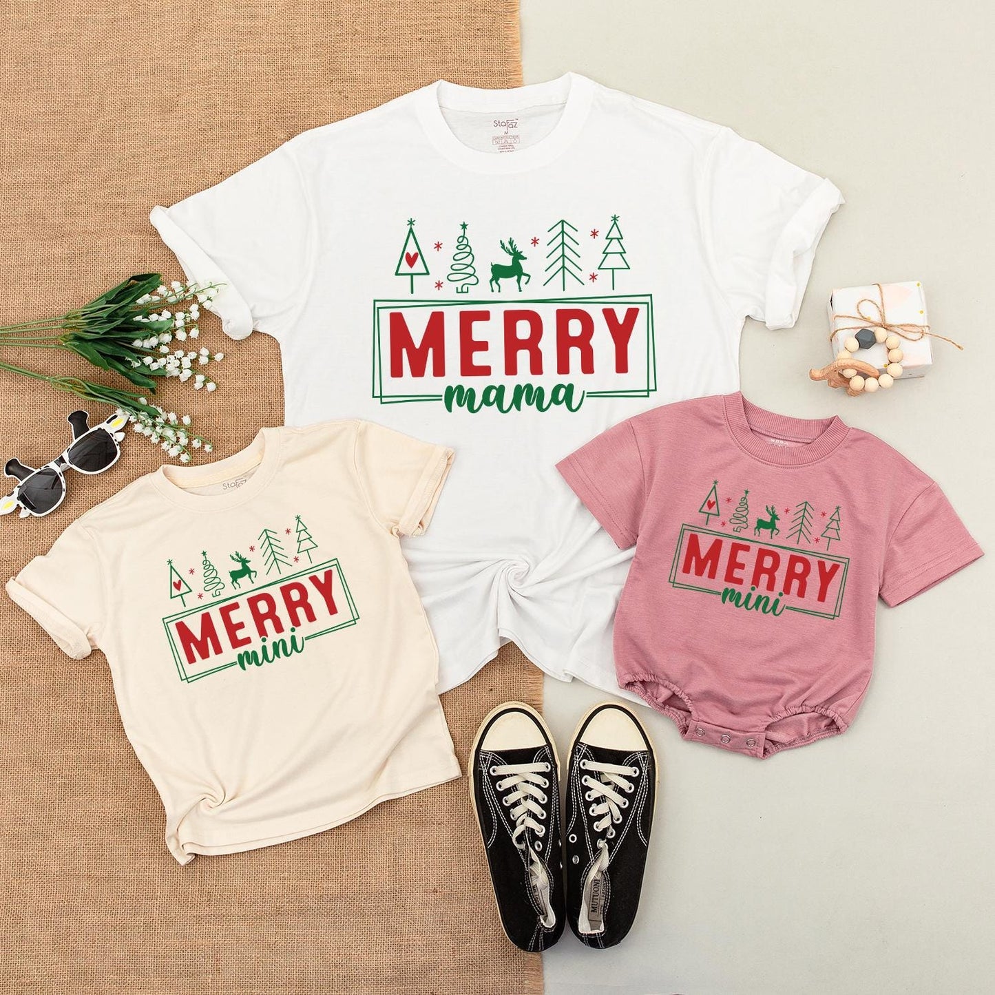Merry Mama and Mini Christmas T-Shirts, Red and Green Matching Family Outfits for Mom and Boy, Festive Holiday Gift, First Christmas Tee 139 chr
