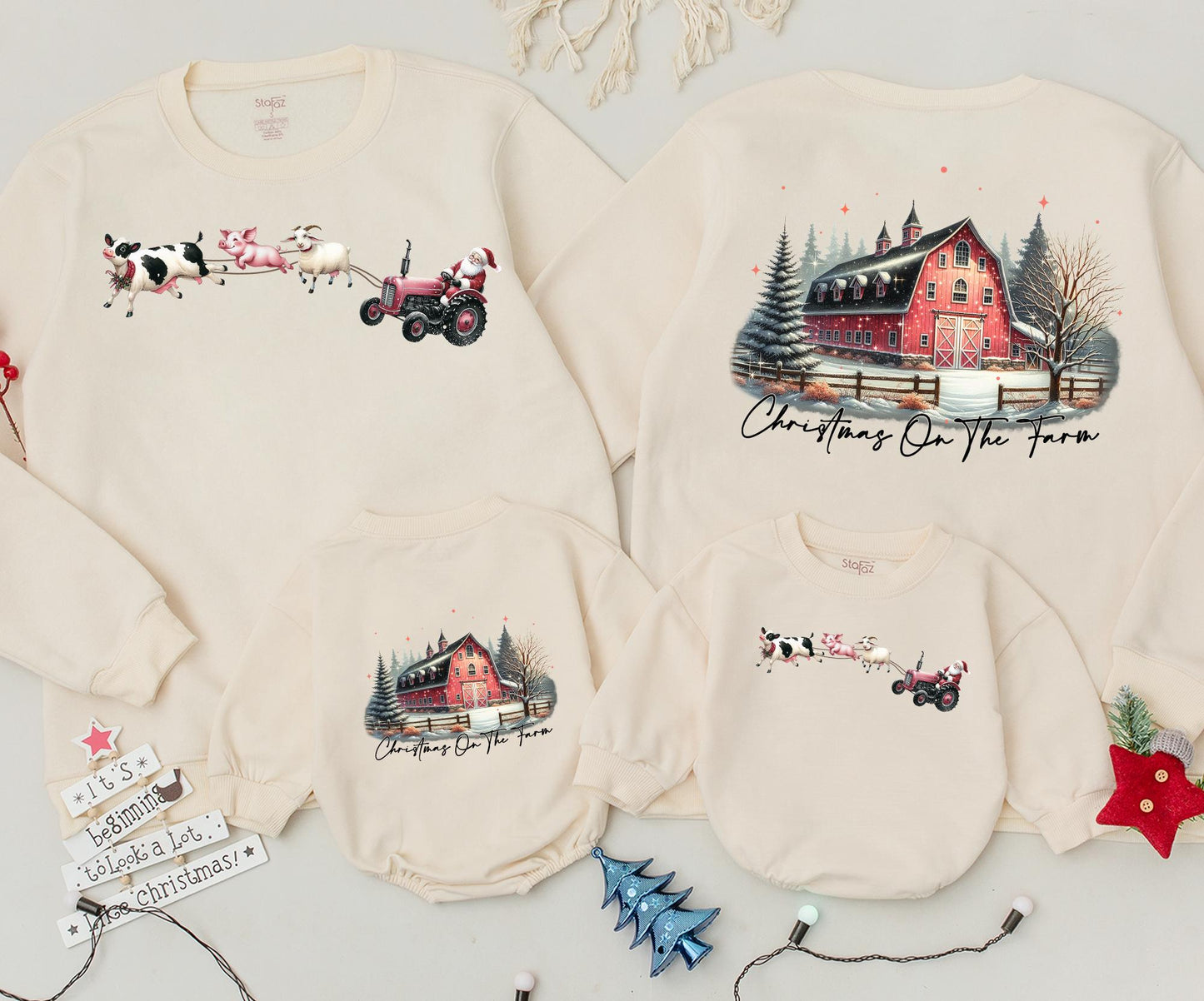 Christmas On The Farm Mommy and Me Matching Outfits: Santa Tractor Farmhouse Sweatshirt, Baby Romper & Vintage Holiday Tee