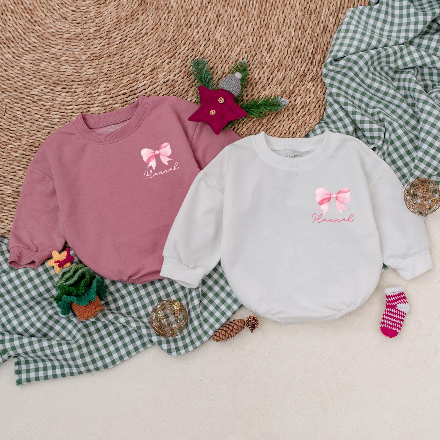 Personalized Christmas Bow Romper, Watercolor Holiday Bodysuit with Name, Girly Pink Christmas Outfit, Winter Baby Clothes, First Christmas Gift 139