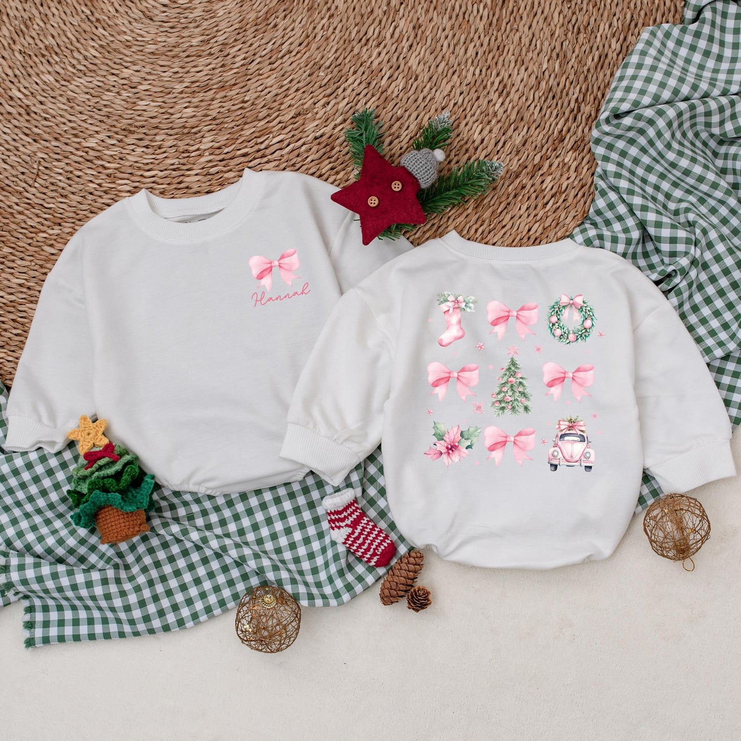 Personalized Christmas Bow Romper, Watercolor Holiday Bodysuit with Name, Girly Pink Christmas Outfit, Winter Baby Clothes, First Christmas Gift 139