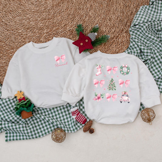Personalized Christmas Bow Romper, Watercolor Holiday Bodysuit with Name, Girly Pink Christmas Outfit, Winter Baby Clothes, First Christmas Gift 139