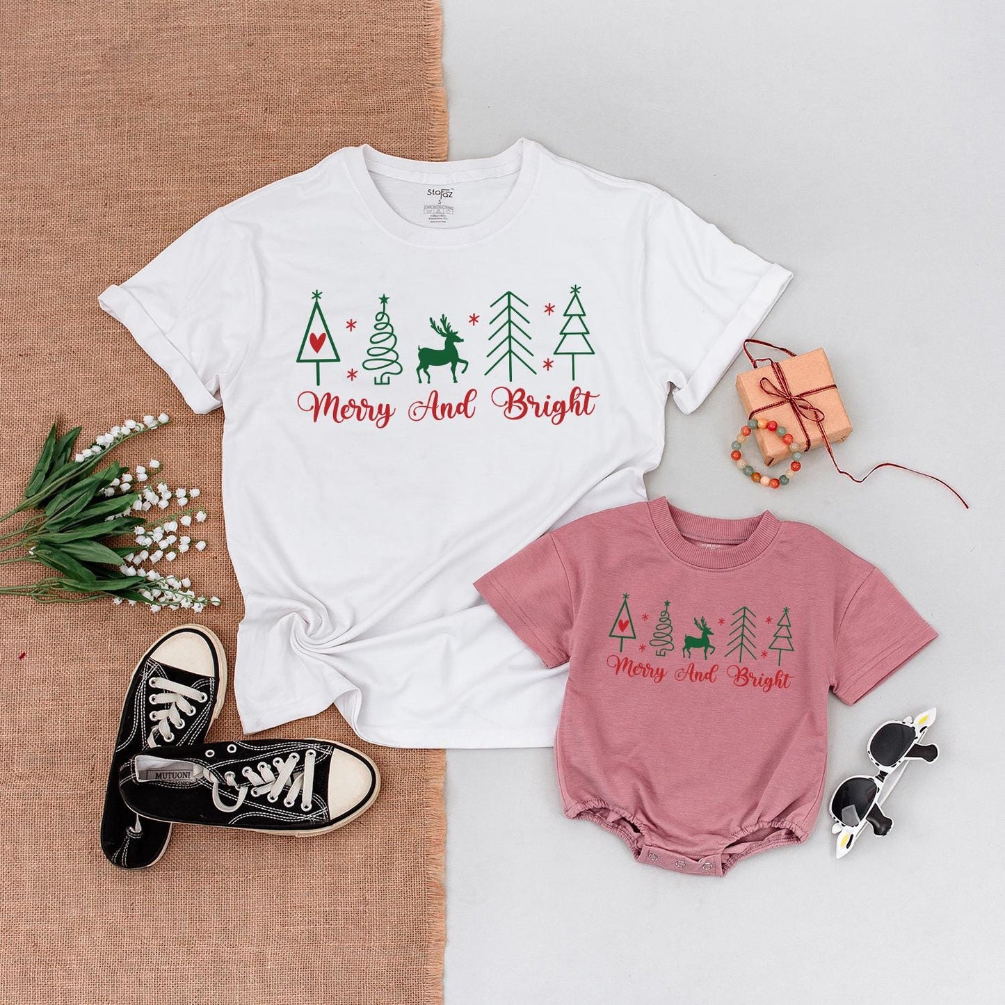 Merry & Bright Christmas Family Matching Shirts, Cute Xmas Trees & Reindeer, Holiday Outfit, Soft Cotton Gift for Her, Mom & Son Party Clothes (137 chars)