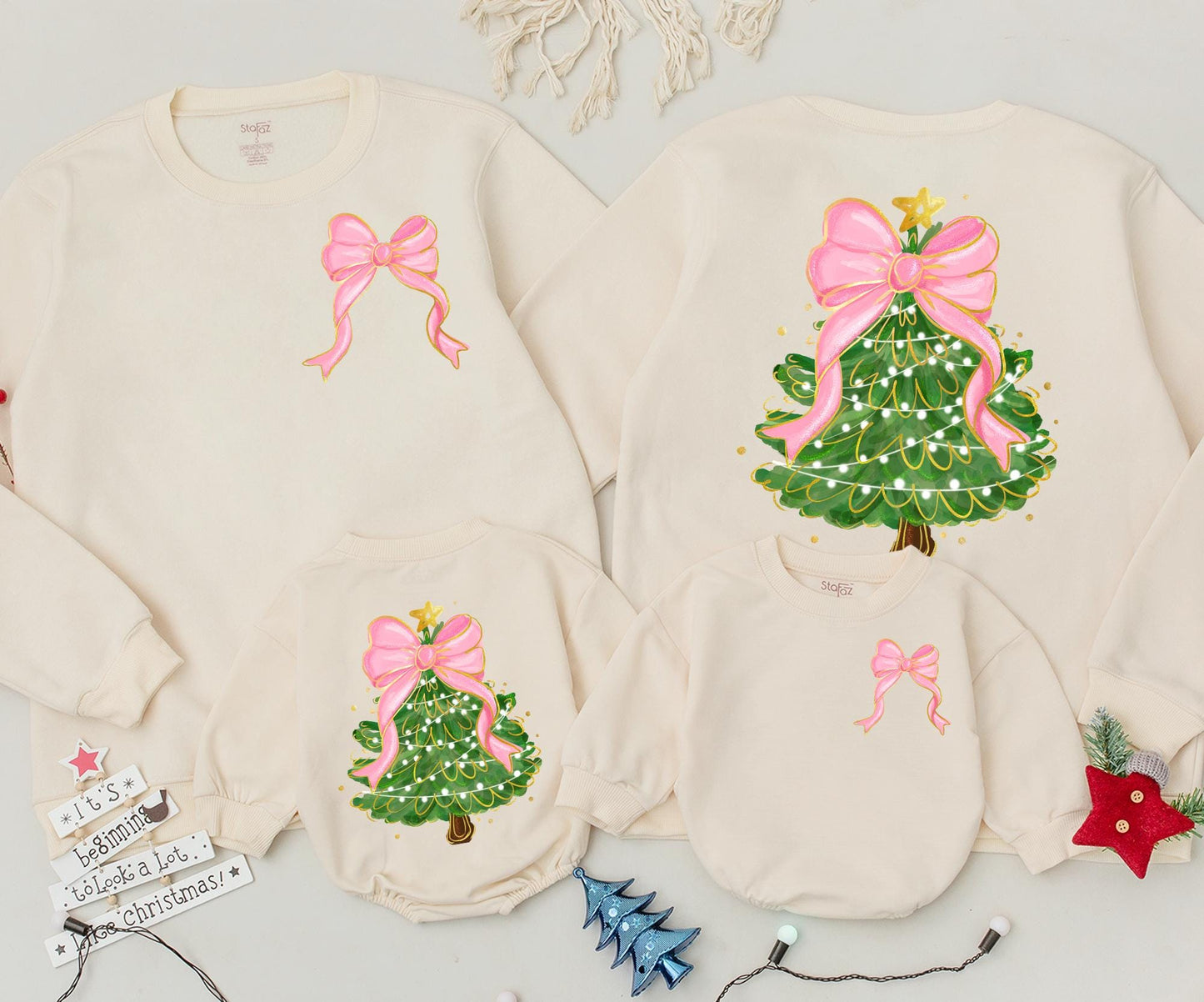 Christmas Bow Tree Sweatshirt Women's Outfit, Festive Holiday Clothing, Cute Coquette Newborn Romper, Baby's 1st Christmas, Mommy and Me Matching Outfit