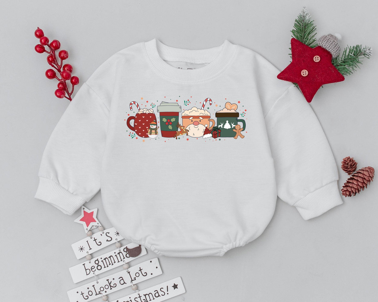 Cute Christmas Coffee Cup Bubble Romper Newborn Baby Outfit Adorable Festive Snowman Gingerbread Reindeer Design Infant Bodysuit Gift