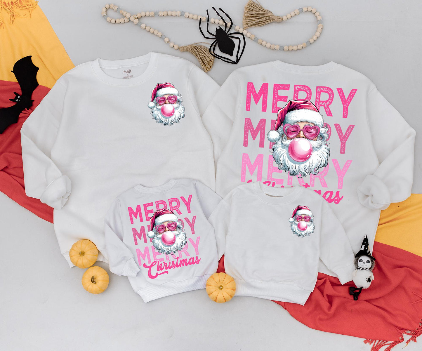 Retro Santa Christmas Sweatshirt, Funny Pink Sunglasses Santa Blowing Bubblegum, Vintage Merry Christmas Xmas Two-Sided Festive Top for Women & Newborn