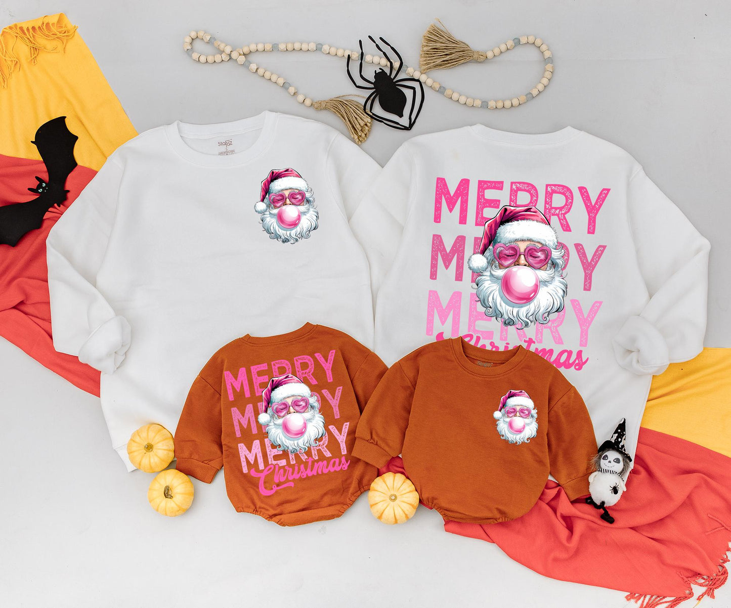 Retro Santa Christmas Sweatshirt, Funny Pink Sunglasses Santa Blowing Bubblegum, Vintage Merry Christmas Xmas Two-Sided Festive Top for Women & Newborn