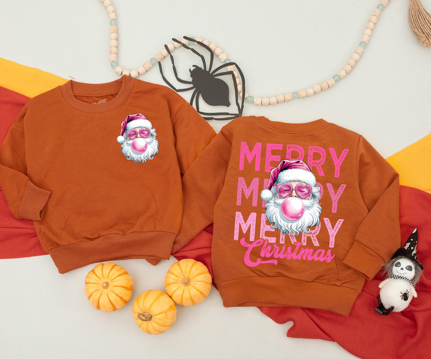 Retro Santa Christmas Sweatshirt, Funny Pink Sunglasses Santa Blowing Bubblegum, Vintage Merry Christmas Xmas Two-Sided Festive Top for Women & Newborn