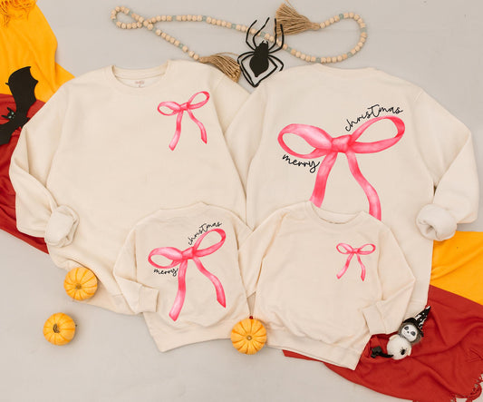Merry Christmas Bow Sweater Outfit, Mommy and Me Matching Red Bow Sweatshirt, Baby Toddler Holiday Romper, Christmas Coquette Clothes Cute Xmas Gift (139 chars)