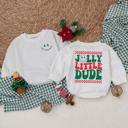 Jolly Little Dude Christmas Romper: Retro Baby Boy Outfit with Checkerboard Fun! Holiday Bodysuit, Winter Clothes, Perfect First Christmas Gift Idea (139)