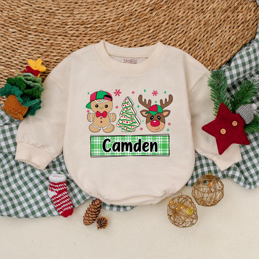 Personalized Christmas Romper for Baby Boy, Festive Reindeer Outfit with Custom Name, Gingerbread Man Winter Bodysuit, Holiday Baby Shower Gift Camden 139