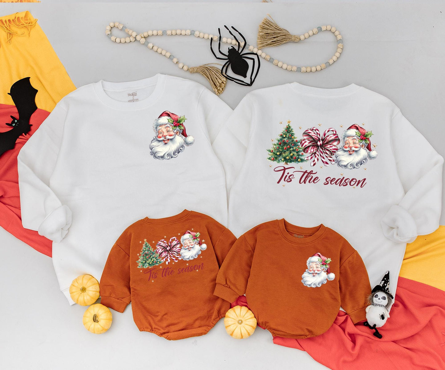 Retro Christmas Family Matching Sweatshirt & Baby Romper Set Classic Santa Claus 'Tis the Season Tree Holiday Outfits