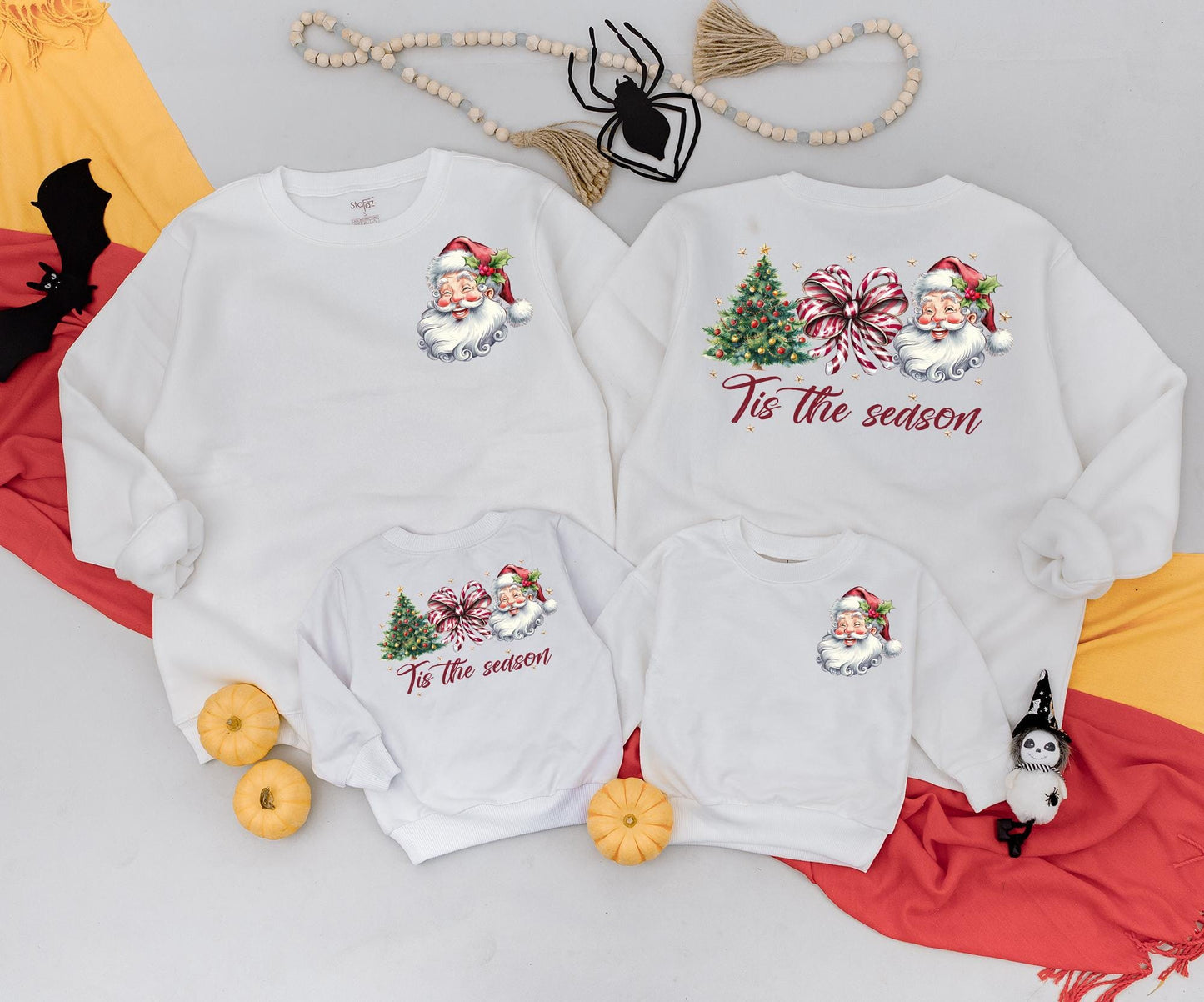 Retro Christmas Family Matching Sweatshirt & Baby Romper Set Classic Santa Claus 'Tis the Season Tree Holiday Outfits