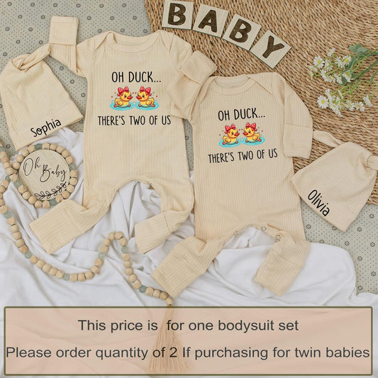 Sweet Twin Duckling Baby Bodysuit & Hat Set with 'Oh Duck... There's Two of Us' Design Newborn Pregnancy Reveal Gift Outfit for Boy or Girl Twins