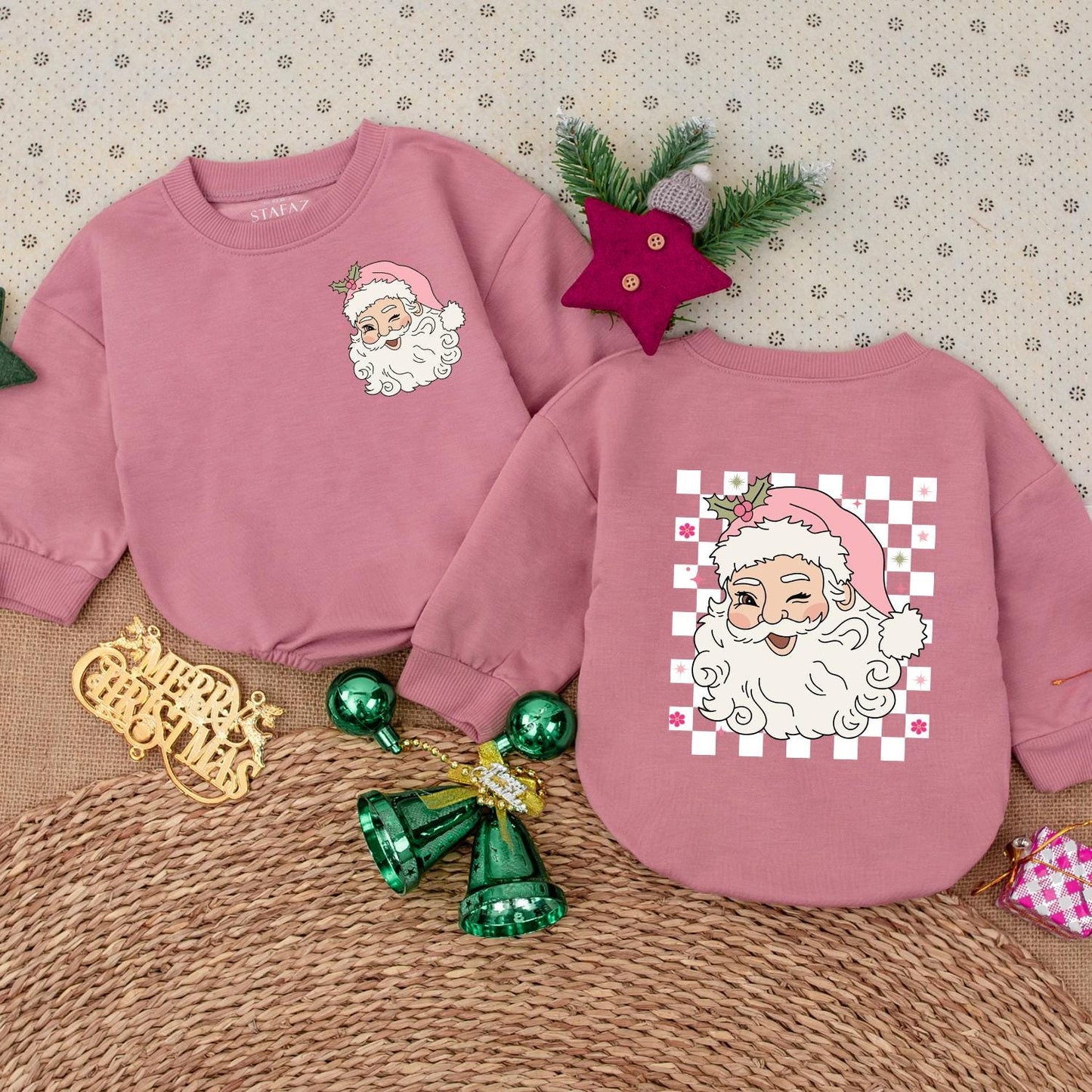 Pink Retro Santa Claus Baby Bodysuit Christmas Holiday Outfit with Holly Pink Hat Stars Flowers & Checkered Pattern Vintage Festive Romper