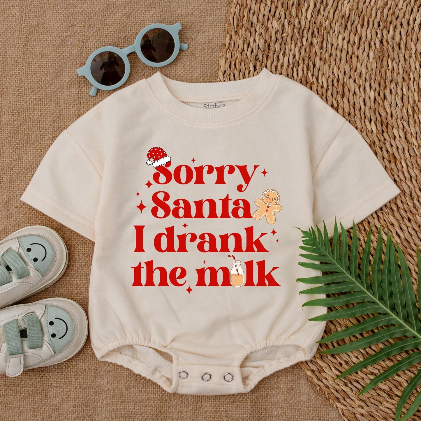 Sorry Santa I Drank The Milk Baby Romper Cute Christmas Bodysuit Festive Holiday Outfit with Santa Hat Gingerbread Man Milk Bottle Cozy Newborn Gift