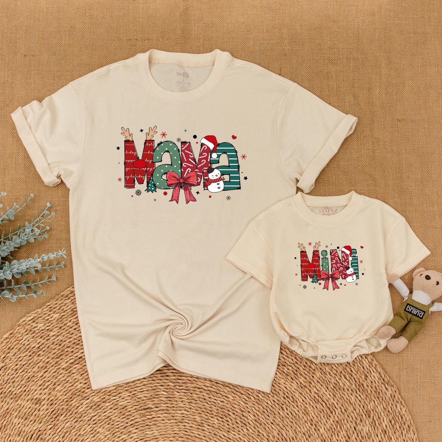 Christmas Mama and Mini Matching Family Outfits Festive Whimsical Holiday Shirt Newborn Bubble Romper Red Green Snowman Design