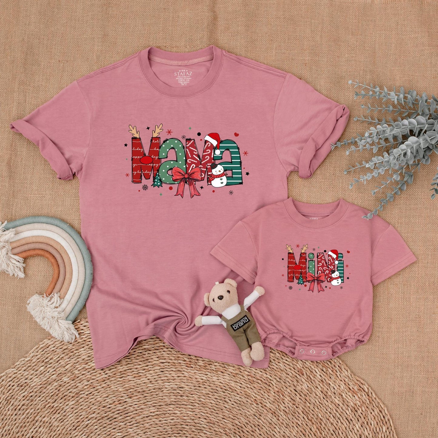 Christmas Mama and Mini Matching Family Outfits Festive Whimsical Holiday Shirt Newborn Bubble Romper Red Green Snowman Design