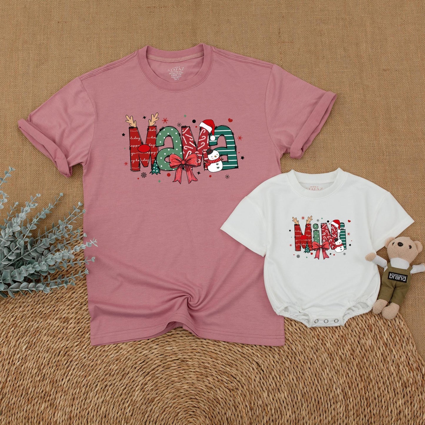Christmas Mama and Mini Matching Family Outfits Festive Whimsical Holiday Shirt Newborn Bubble Romper Red Green Snowman Design