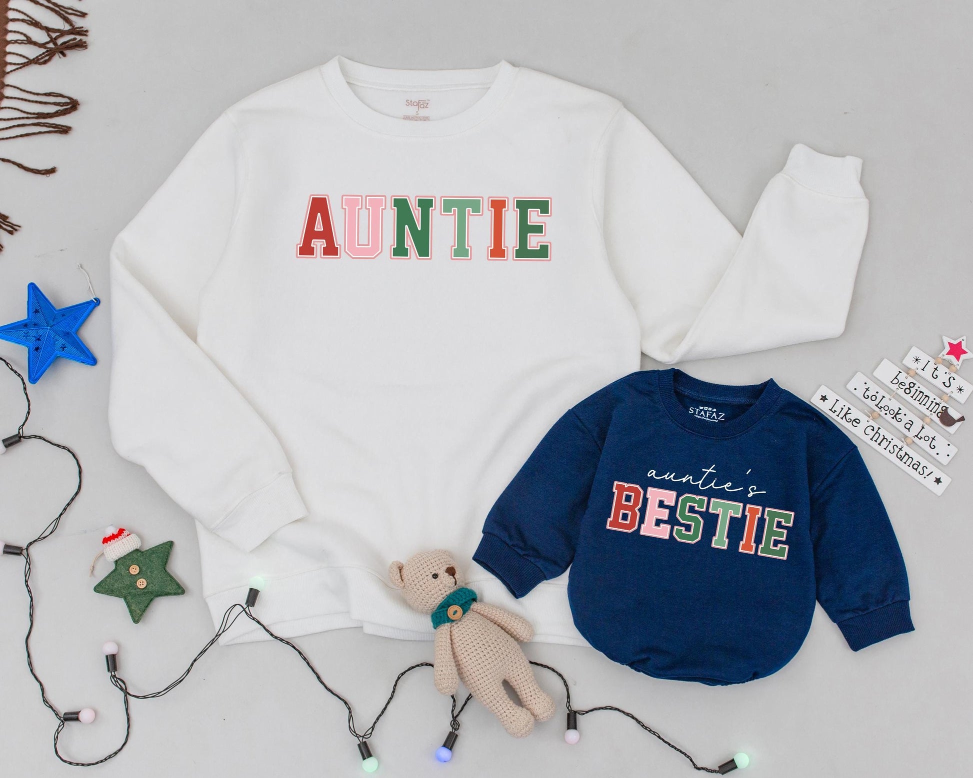 Personalized Auntie & Me Sweatshirts for Niece Nephew with Colorful Block Lettering Festive Christmas Holiday Gift Set Cozy Warm Fleece