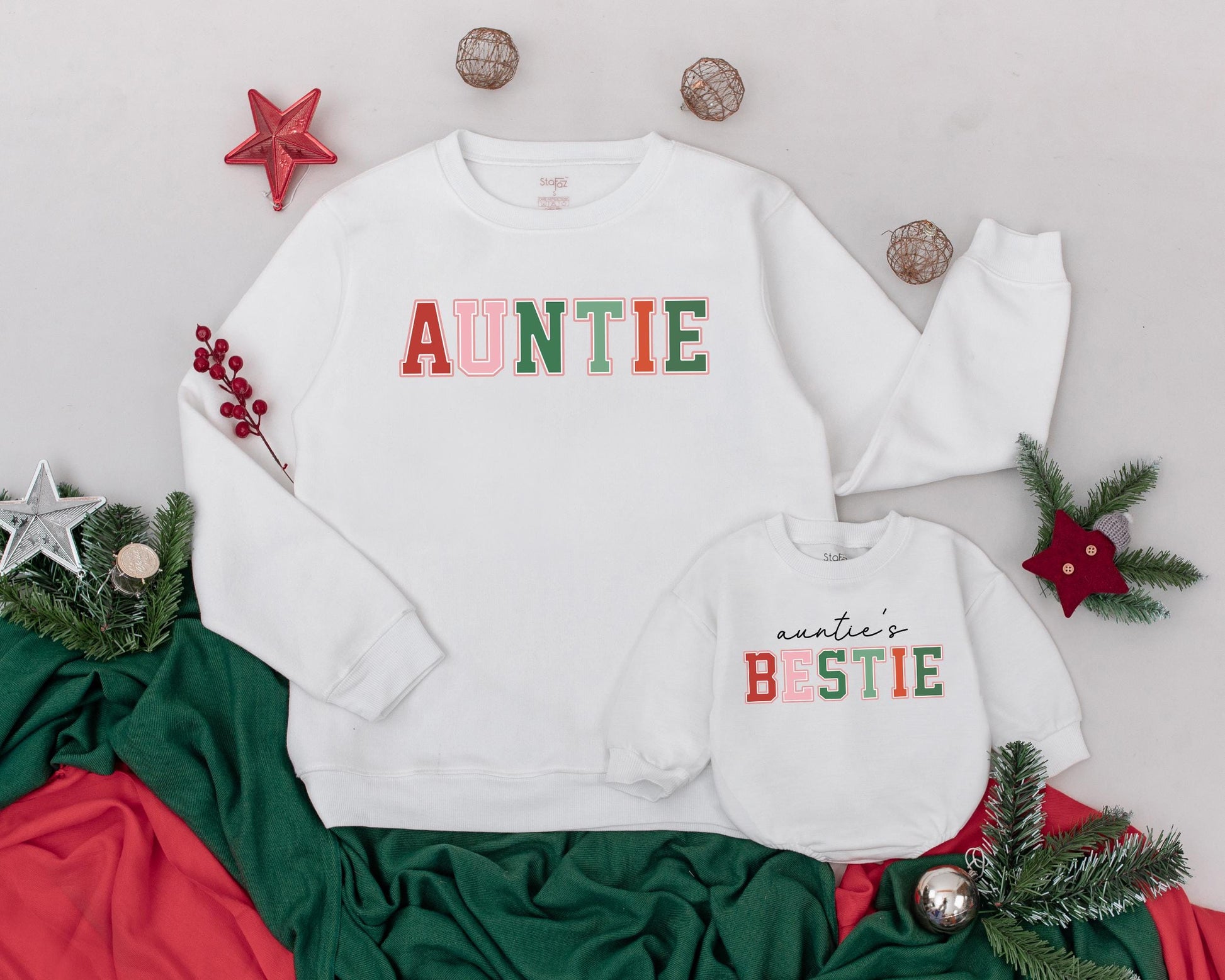 Personalized Auntie & Me Sweatshirts for Niece Nephew with Colorful Block Lettering Festive Christmas Holiday Gift Set Cozy Warm Fleece