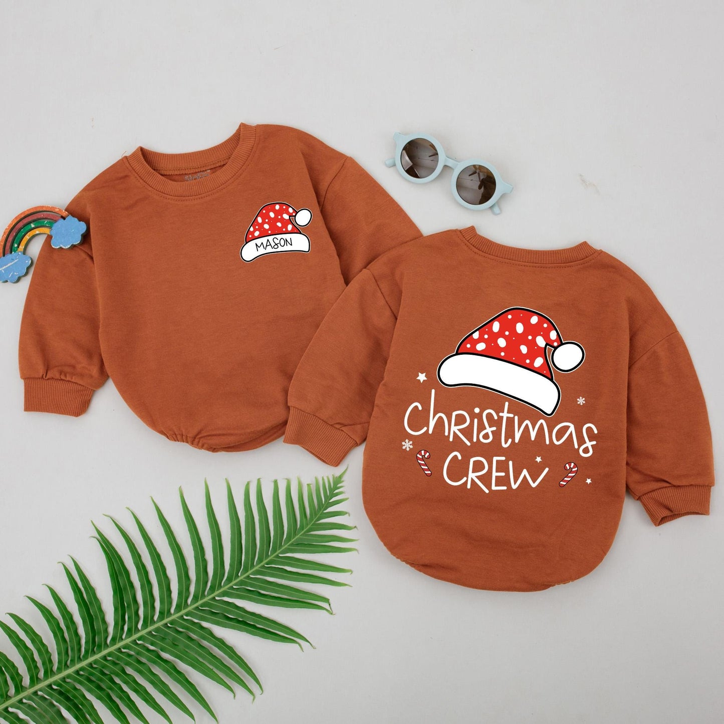 Personalized Christmas Crew Baby Romper with Red Santa Hat & Polka Dot Design First Xmas Infant Boy Girl Cute Outfit Shower Gift